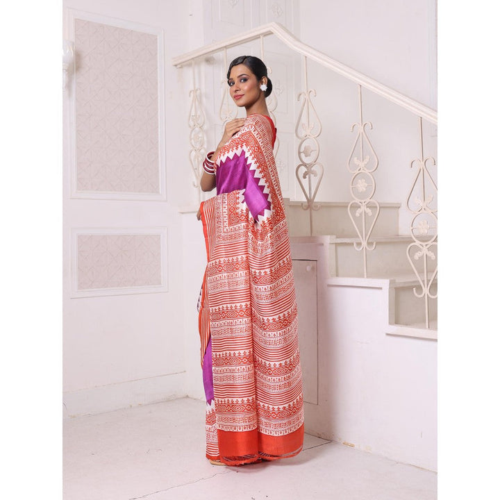 CHARUKRITI Purple Printed Pure Silk Handwoven Soft Saree with Unstitched Blouse