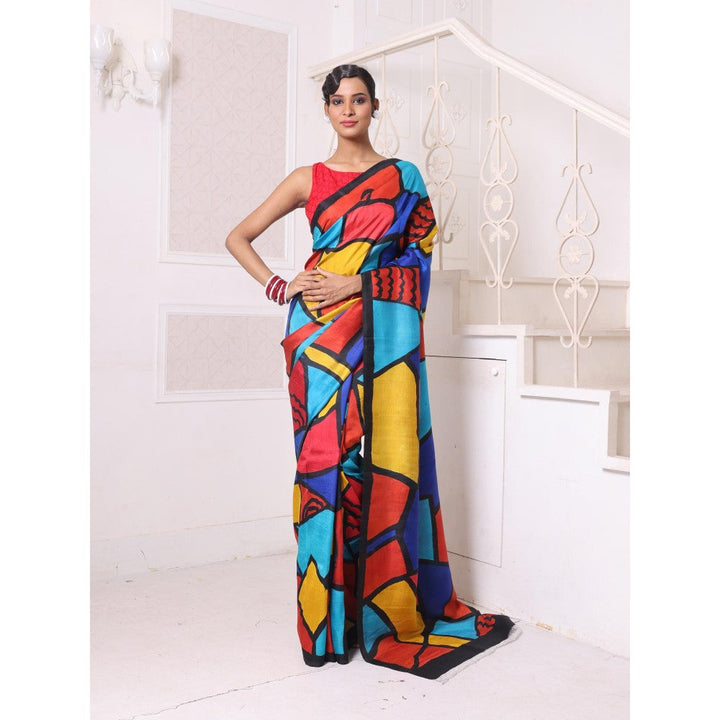 CHARUKRITI Multi-Color Abstract Hand Painted Pure Silk Handwoven Soft Saree with Unstitched Blouse