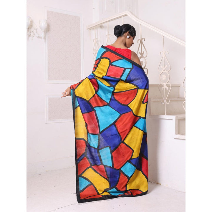 CHARUKRITI Multi-Color Abstract Hand Painted Pure Silk Handwoven Soft Saree with Unstitched Blouse