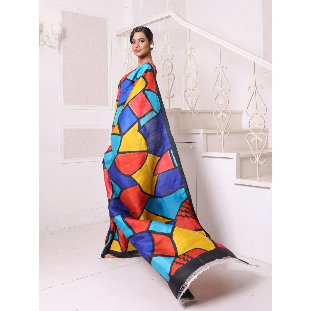 CHARUKRITI Multi-Color Abstract Hand Painted Pure Silk Handwoven Soft Saree with Unstitched Blouse