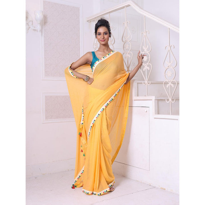 CHARUKRITI Patch Work Borders Yellow Solid Mulmul Cotton Soft Saree Without Blouse