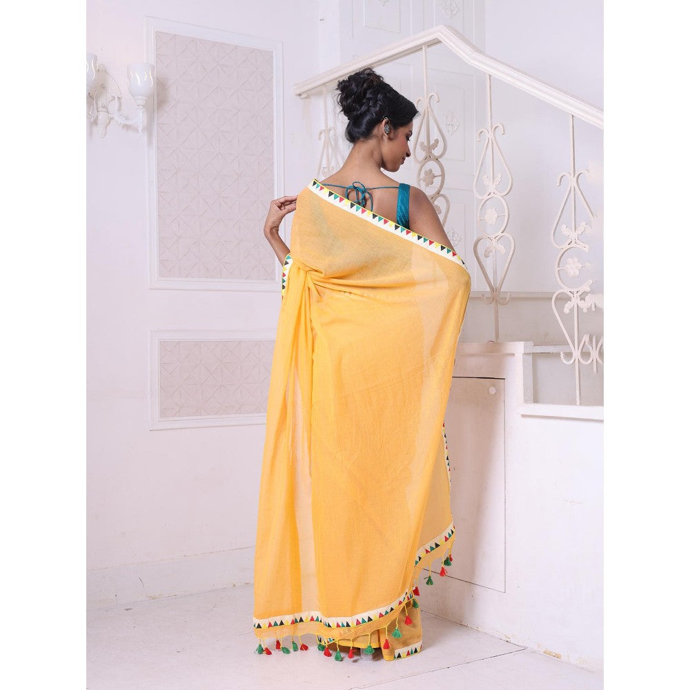 CHARUKRITI Patch Work Borders Yellow Solid Mulmul Cotton Soft Saree Without Blouse