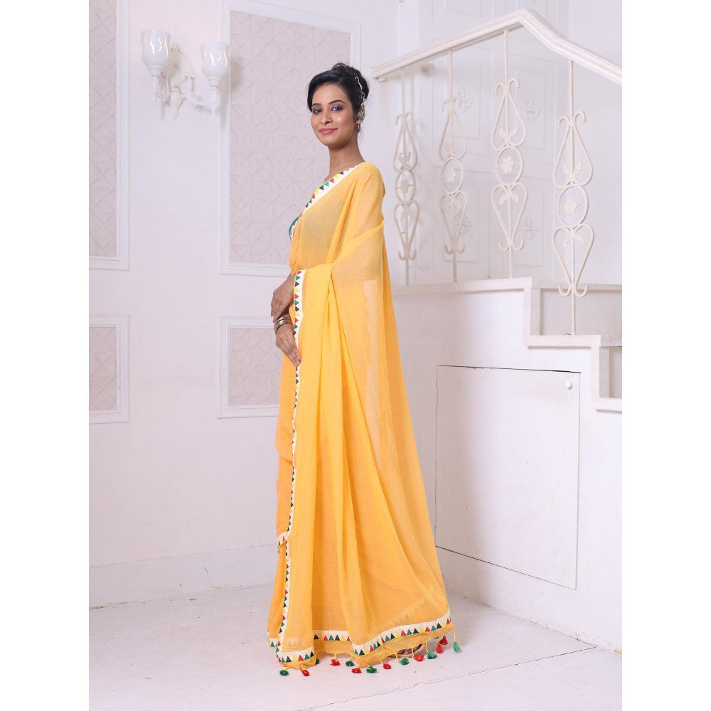 CHARUKRITI Patch Work Borders Yellow Solid Mulmul Cotton Soft Saree Without Blouse