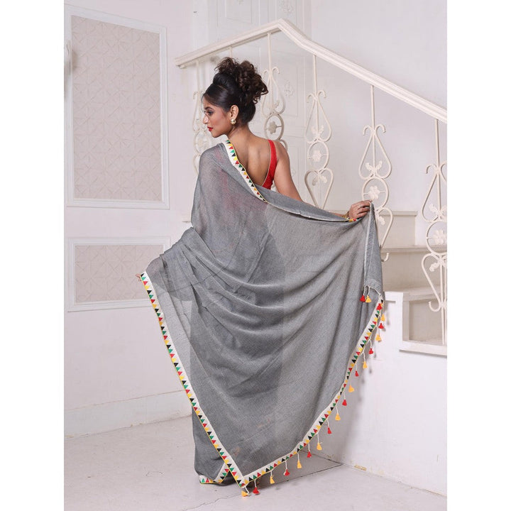 CHARUKRITI Patch Work Borders Grey Solid Mulmul Cotton Soft Saree Without Blouse