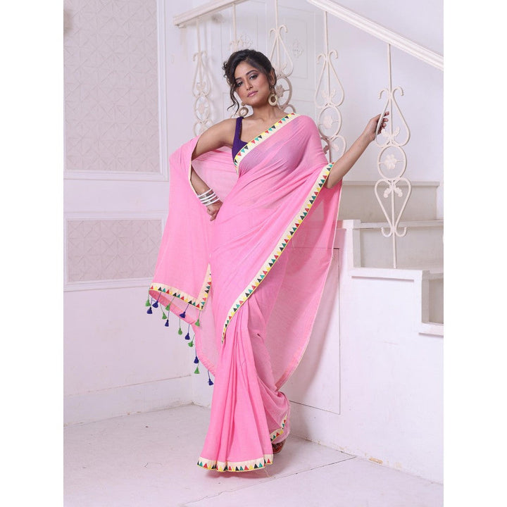 CHARUKRITI Patch Work Borders Pink Solid Mulmul Cotton Soft Saree Without Blouse