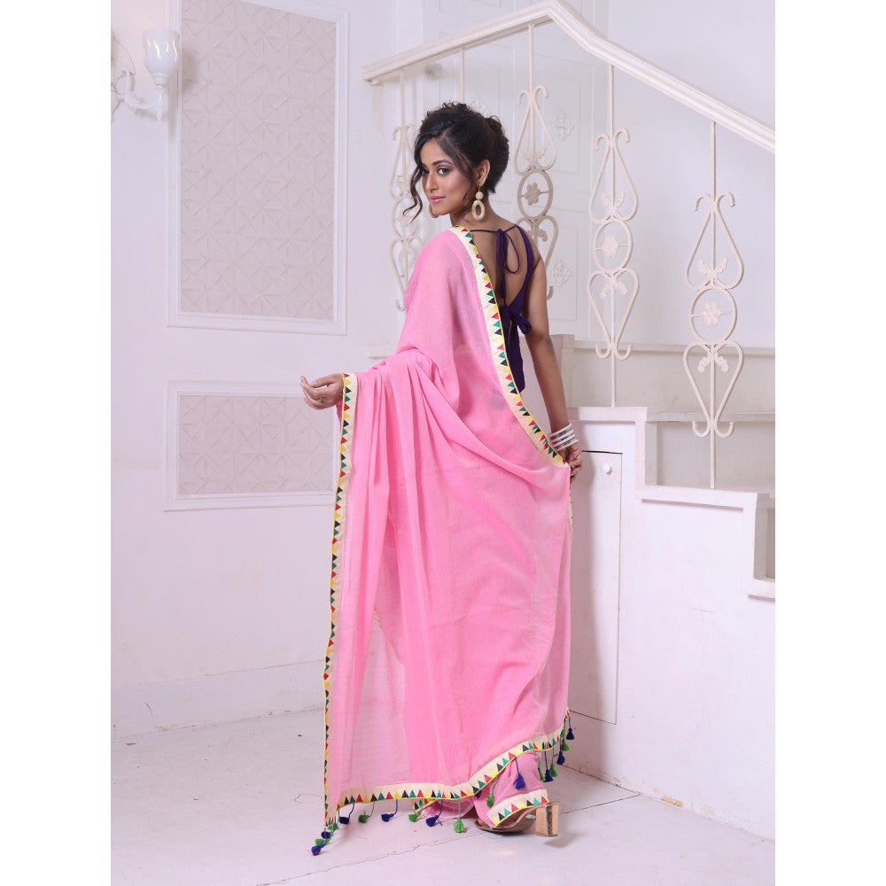 CHARUKRITI Patch Work Borders Pink Solid Mulmul Cotton Soft Saree Without Blouse