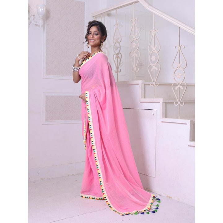 CHARUKRITI Patch Work Borders Pink Solid Mulmul Cotton Soft Saree Without Blouse