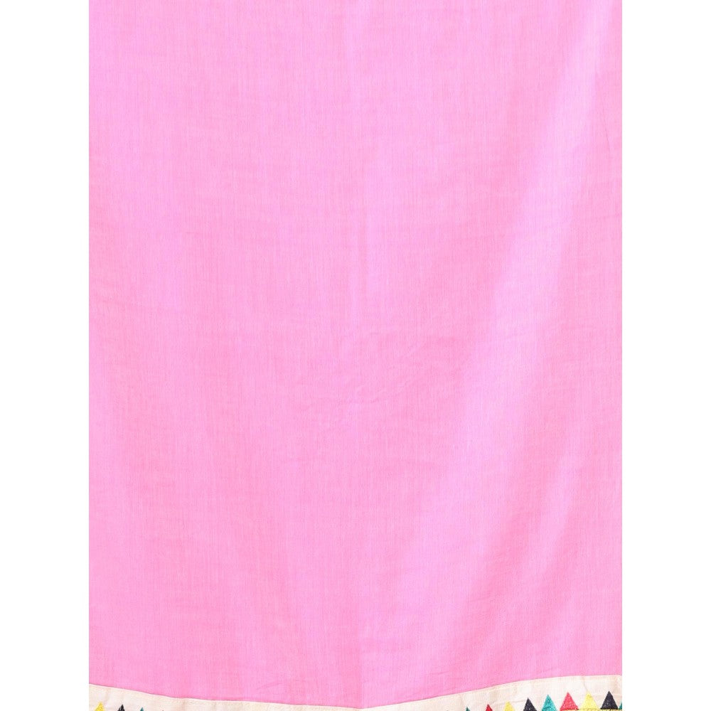 CHARUKRITI Patch Work Borders Pink Solid Mulmul Cotton Soft Saree Without Blouse