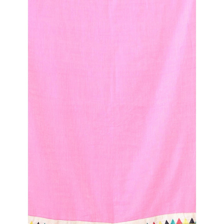 CHARUKRITI Patch Work Borders Pink Solid Mulmul Cotton Soft Saree Without Blouse