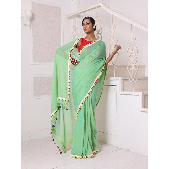 CHARUKRITI Patch Work Borders Light Green Solid Mulmul Cotton Soft Saree Without Blouse