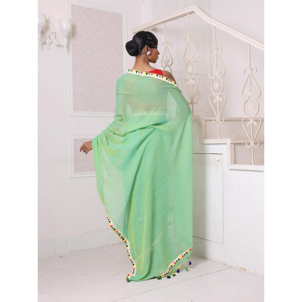 CHARUKRITI Patch Work Borders Light Green Solid Mulmul Cotton Soft Saree Without Blouse