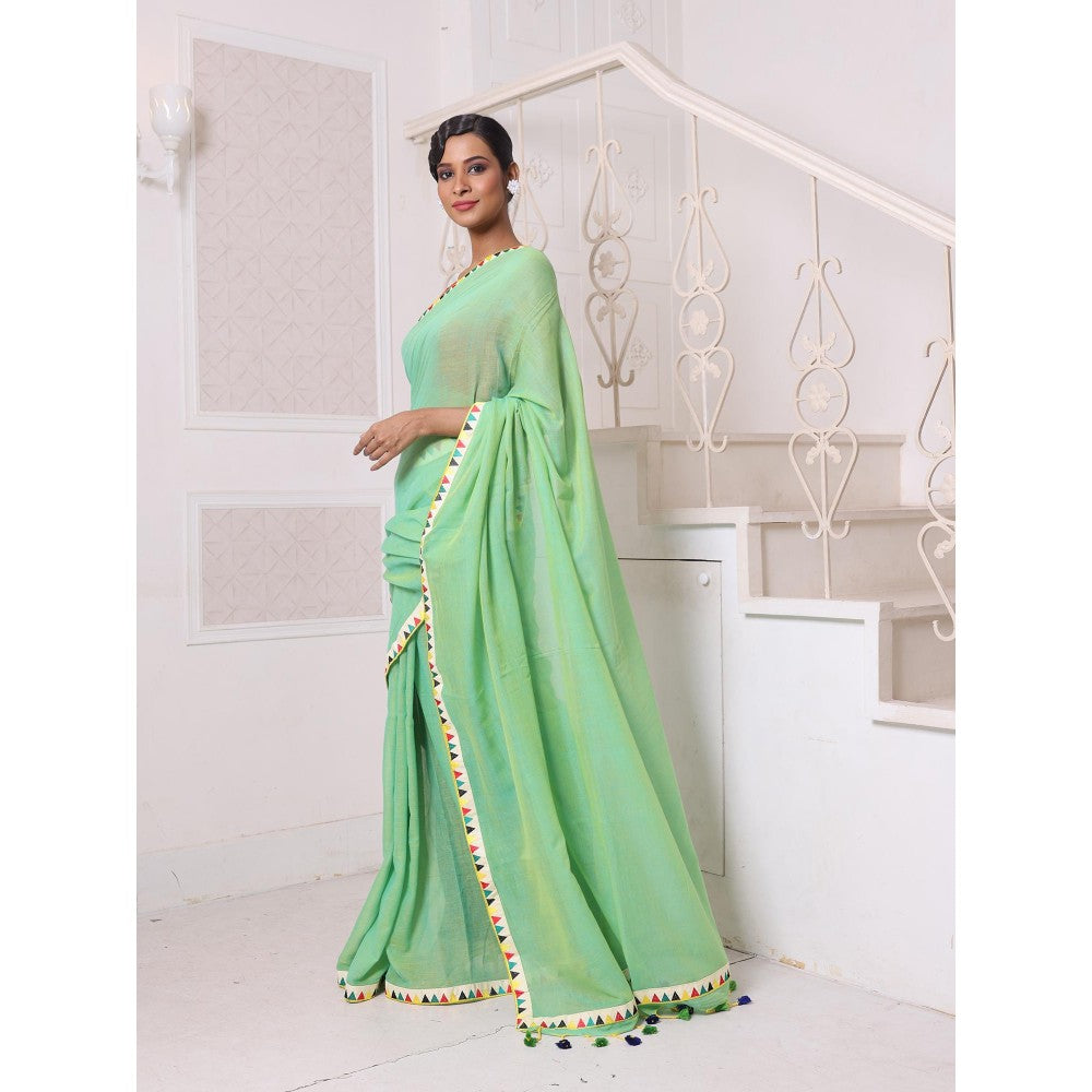 CHARUKRITI Patch Work Borders Light Green Solid Mulmul Cotton Soft Saree Without Blouse