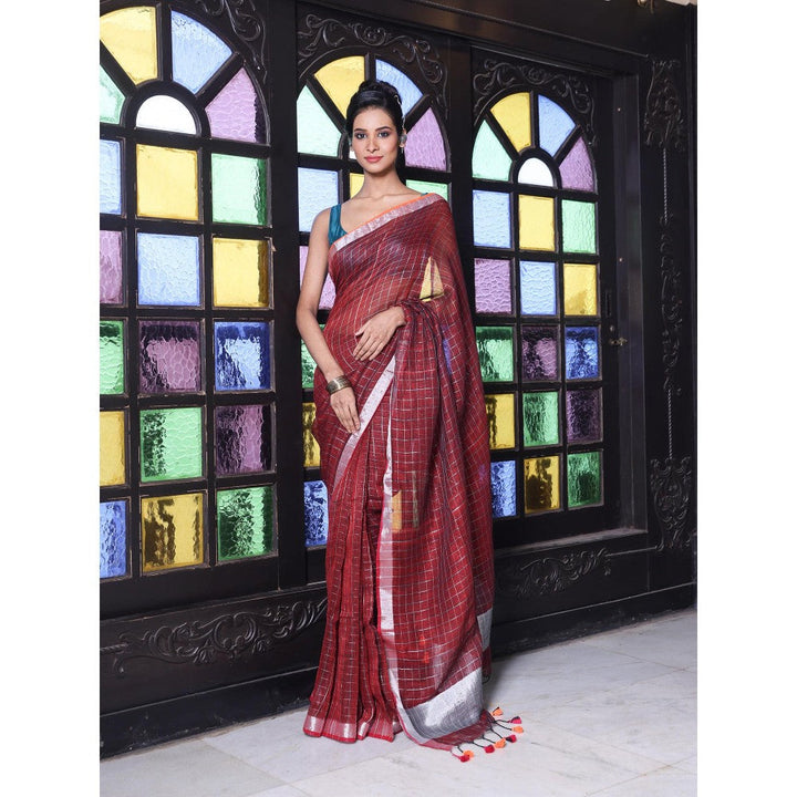 CHARUKRITI Zari Border Maroon Checkbox Designs Soft Saree with Unstitched Blouse