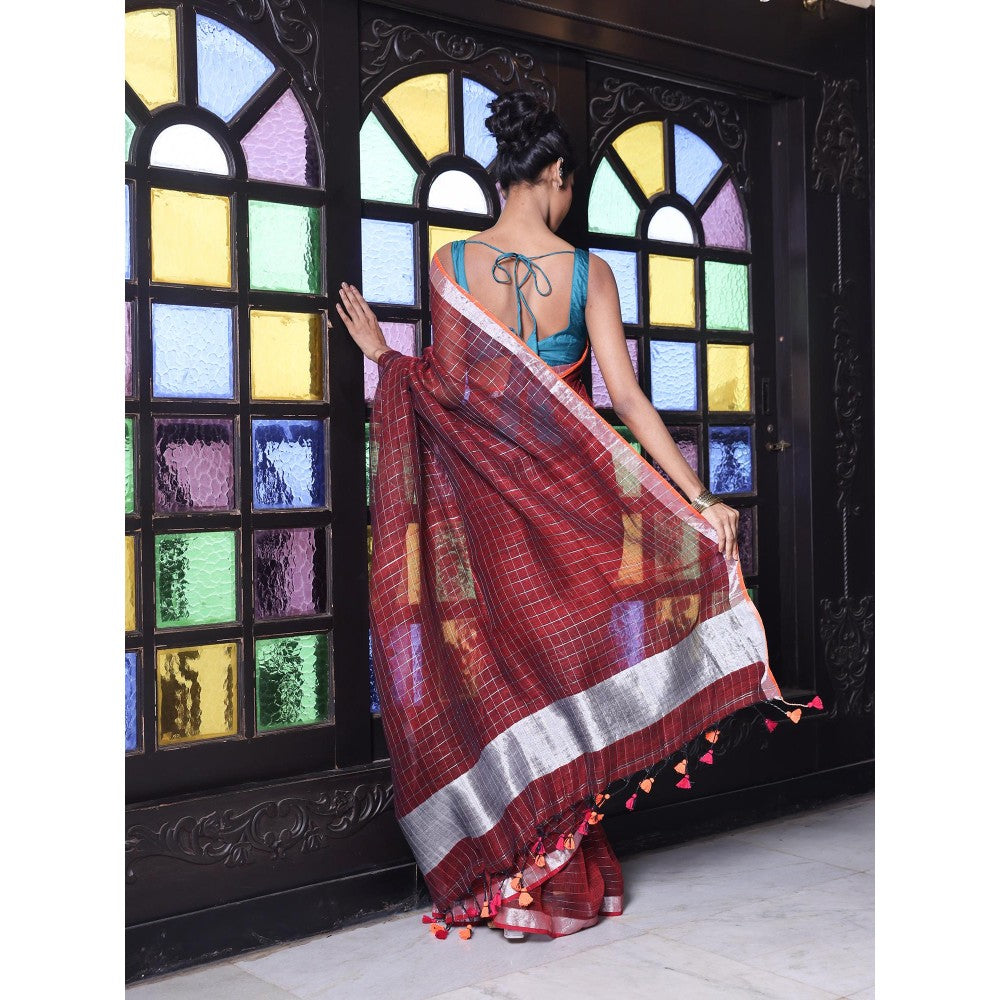 CHARUKRITI Zari Border Maroon Checkbox Designs Soft Saree with Unstitched Blouse