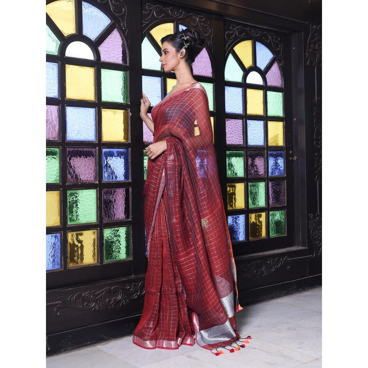 CHARUKRITI Zari Border Maroon Checkbox Designs Soft Saree with Unstitched Blouse