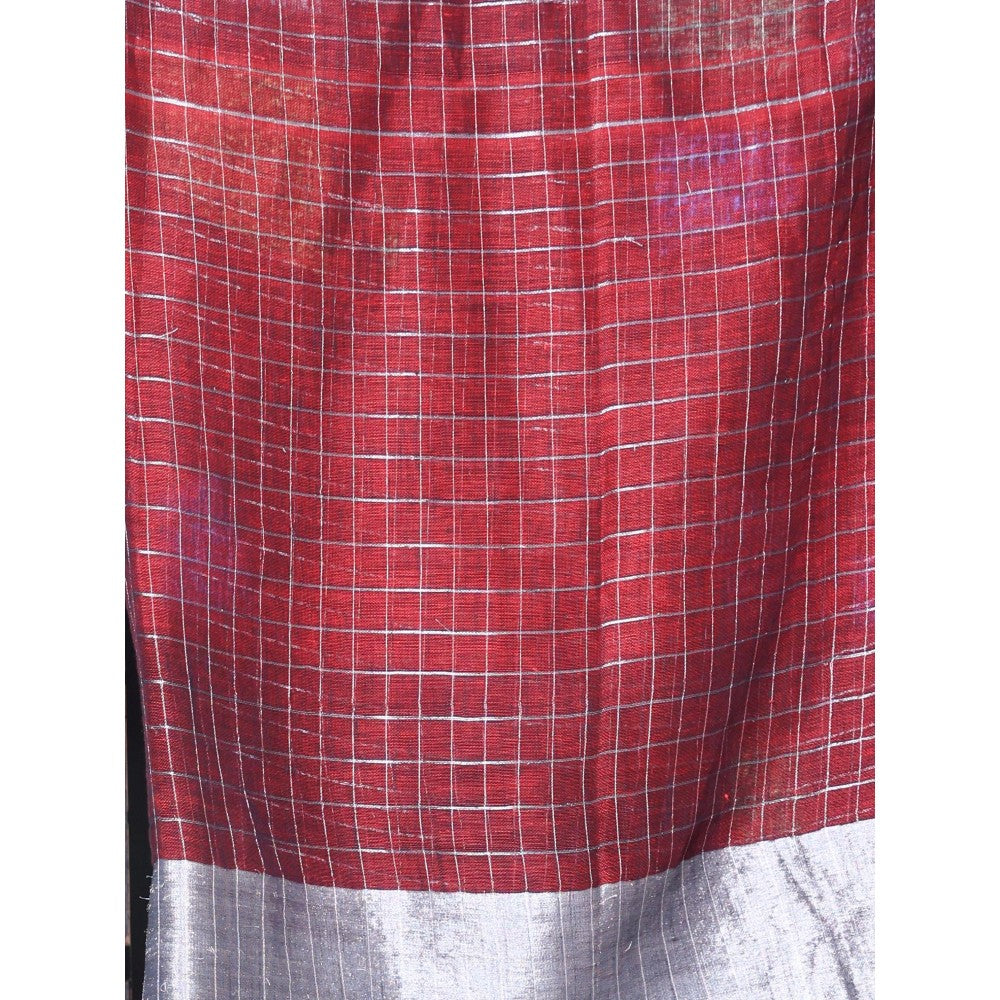 CHARUKRITI Zari Border Maroon Checkbox Designs Soft Saree with Unstitched Blouse