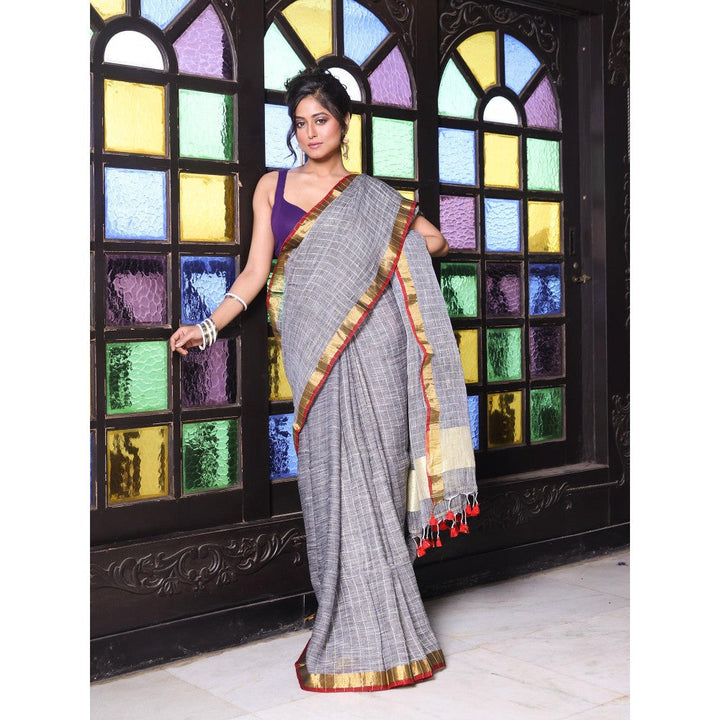 CHARUKRITI Zari Border Grey Checkbox Designs Soft Saree with Unstitched Blouse