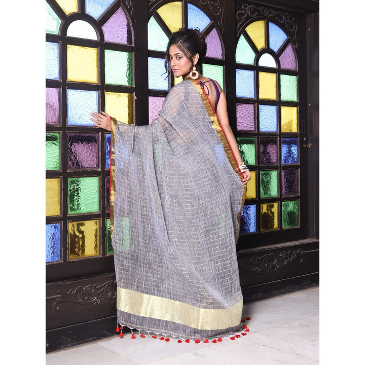 CHARUKRITI Zari Border Grey Checkbox Designs Soft Saree with Unstitched Blouse