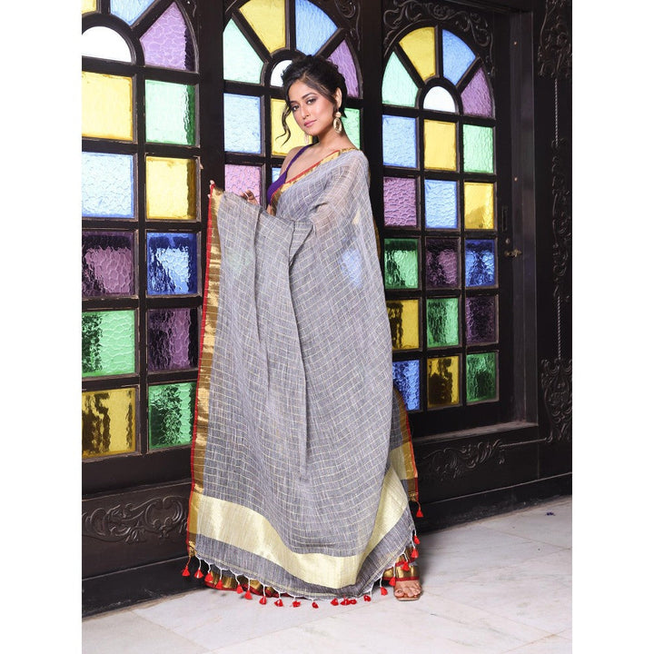 CHARUKRITI Zari Border Grey Checkbox Designs Soft Saree with Unstitched Blouse