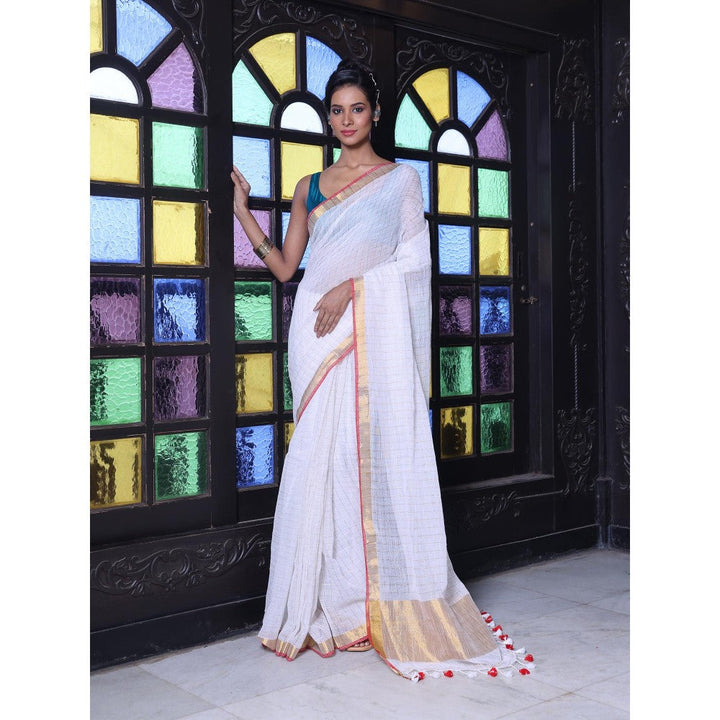 CHARUKRITI Zari Border White Checkbox Designs Soft Saree with Unstitched Blouse