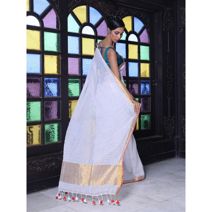 CHARUKRITI Zari Border White Checkbox Designs Soft Saree with Unstitched Blouse