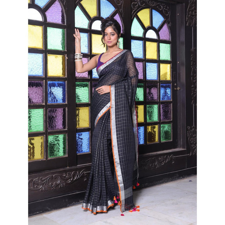 CHARUKRITI Zari Border Black Checkbox Designs Soft Saree with Unstitched Blouse