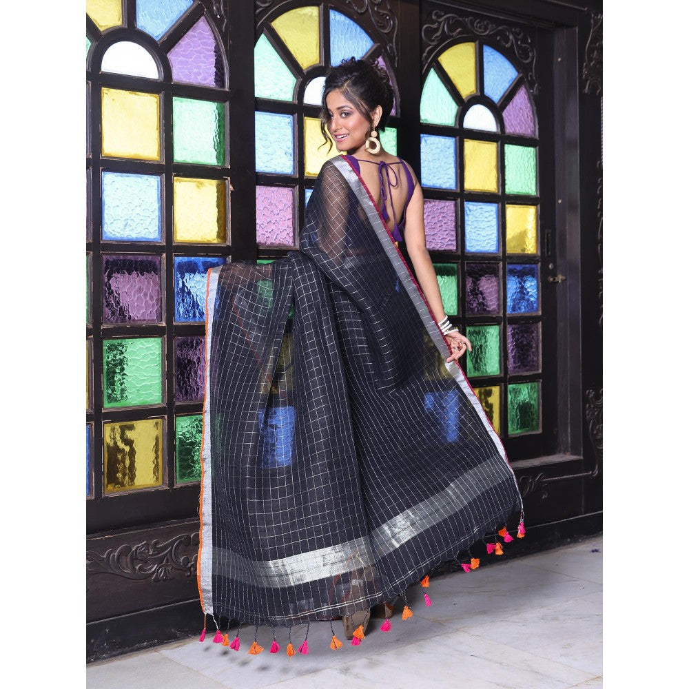 CHARUKRITI Zari Border Black Checkbox Designs Soft Saree with Unstitched Blouse