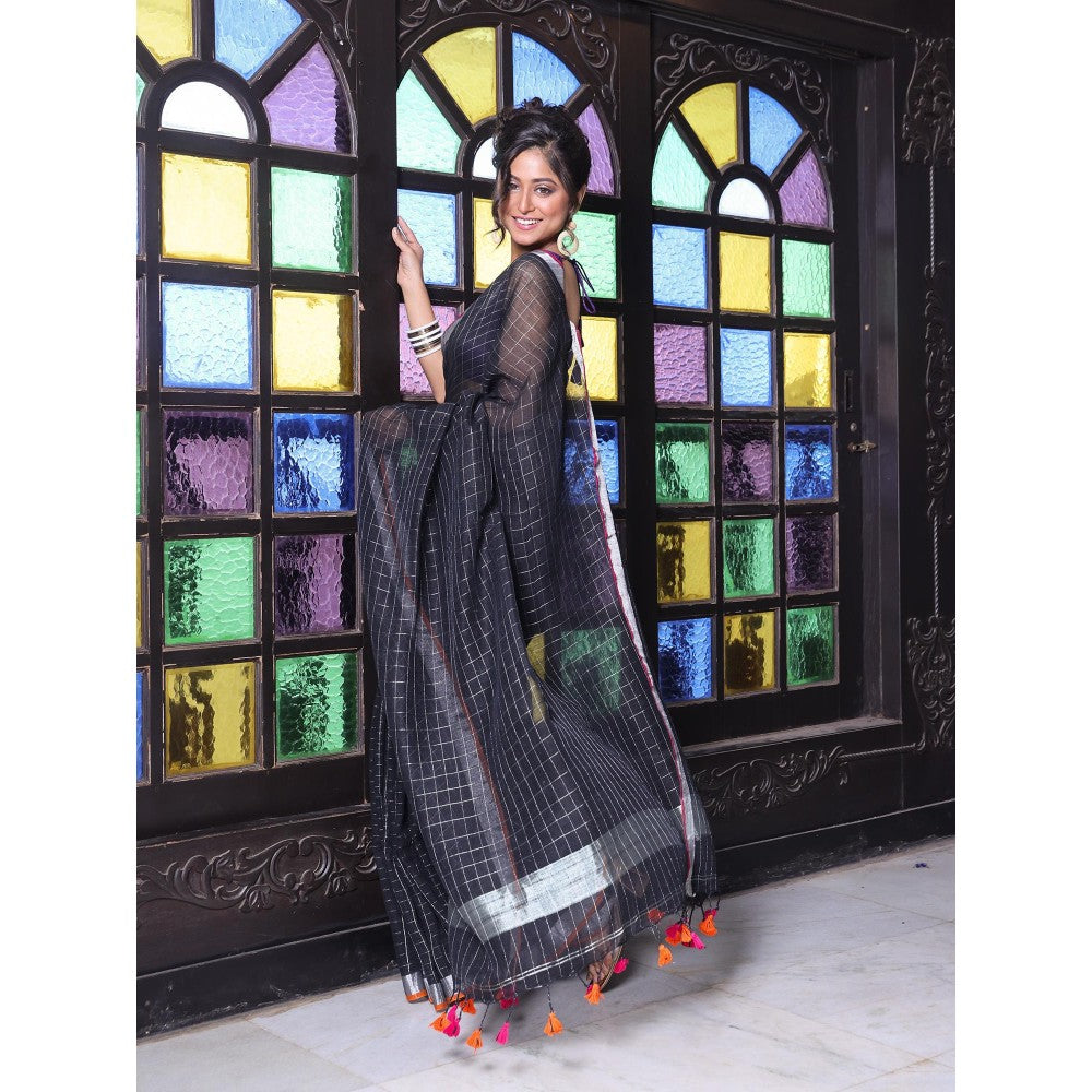 CHARUKRITI Zari Border Black Checkbox Designs Soft Saree with Unstitched Blouse