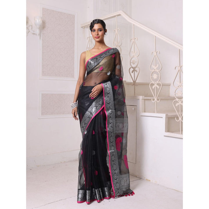 CHARUKRITI Zari Woven Nakshi Borders Black Muslin Saree with Unstitched Blouse