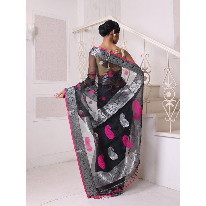 CHARUKRITI Zari Woven Nakshi Borders Black Muslin Saree with Unstitched Blouse