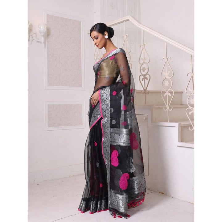 CHARUKRITI Zari Woven Nakshi Borders Black Muslin Saree with Unstitched Blouse