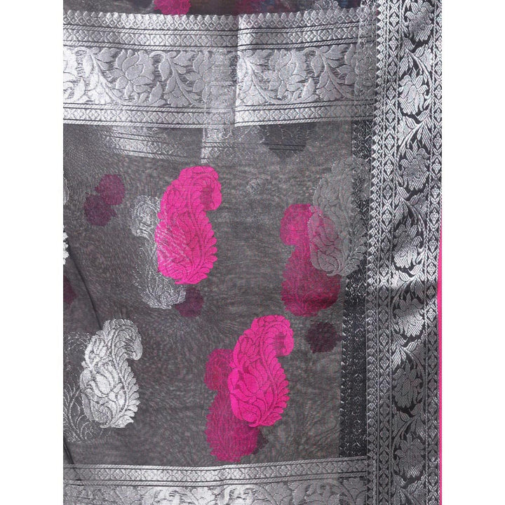 CHARUKRITI Zari Woven Nakshi Borders Black Muslin Saree with Unstitched Blouse