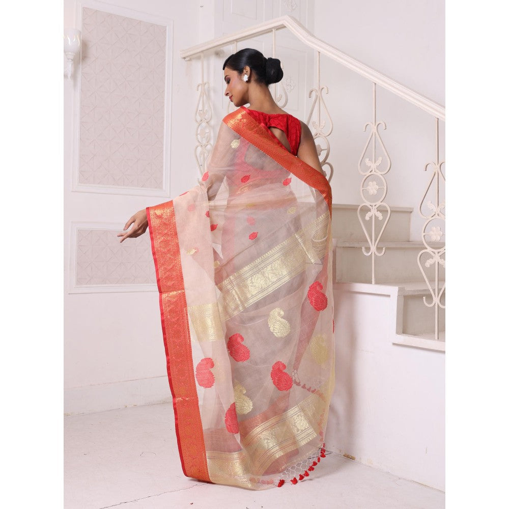 CHARUKRITI Zari Woven Nakshi Borders Beige Muslin Saree with Unstitched Blouse