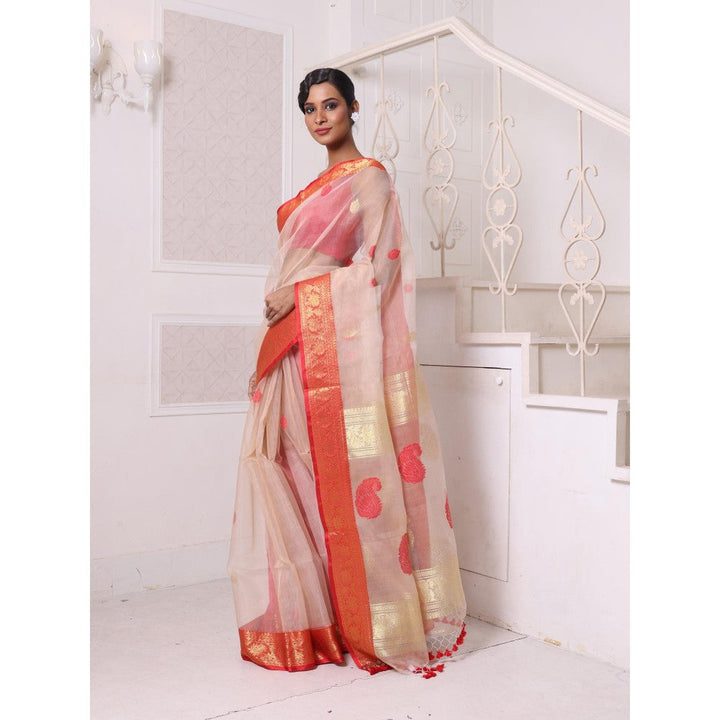 CHARUKRITI Zari Woven Nakshi Borders Beige Muslin Saree with Unstitched Blouse