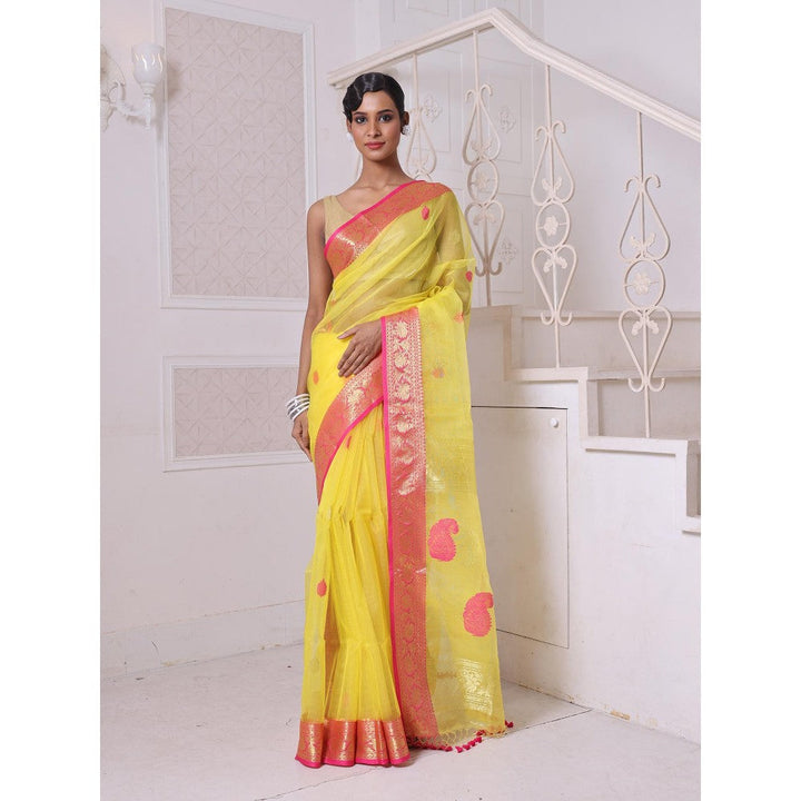 CHARUKRITI Zari Woven Nakshi Borders Yellow Muslin Saree with Unstitched Blouse