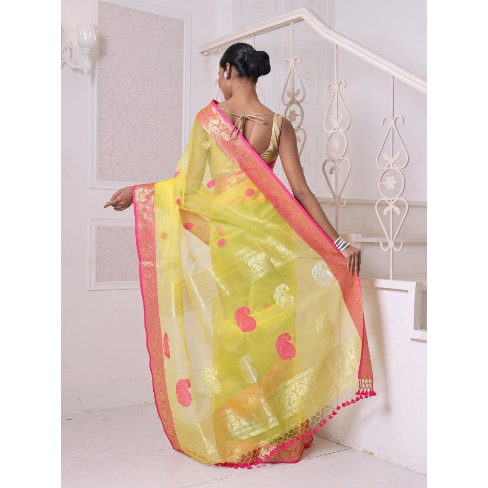 CHARUKRITI Zari Woven Nakshi Borders Yellow Muslin Saree with Unstitched Blouse