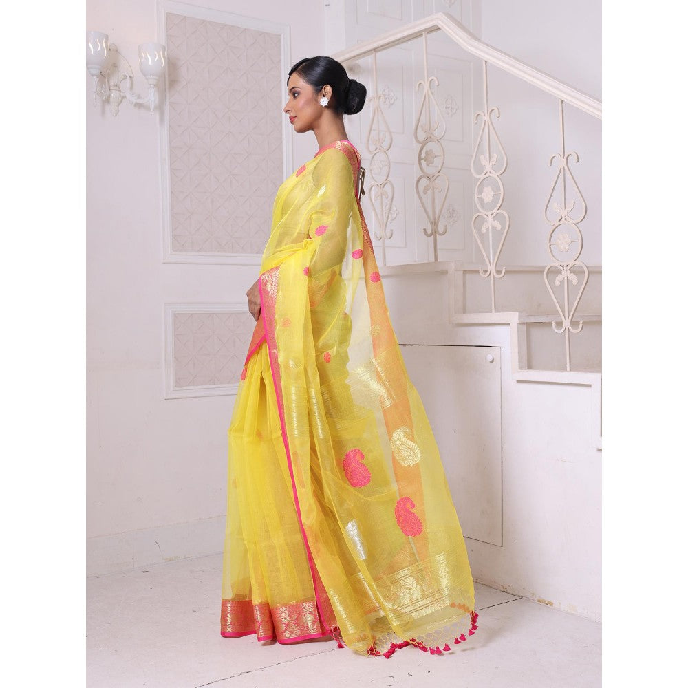 CHARUKRITI Zari Woven Nakshi Borders Yellow Muslin Saree with Unstitched Blouse