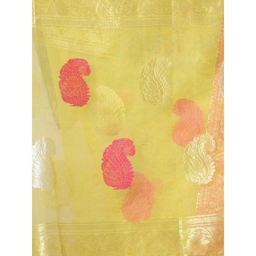 CHARUKRITI Zari Woven Nakshi Borders Yellow Muslin Saree with Unstitched Blouse