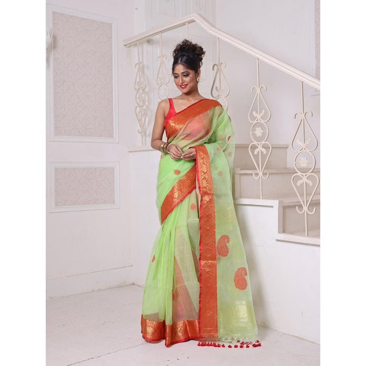 CHARUKRITI Zari Woven Nakshi Borders Light Green Muslin Saree with Unstitched Blouse