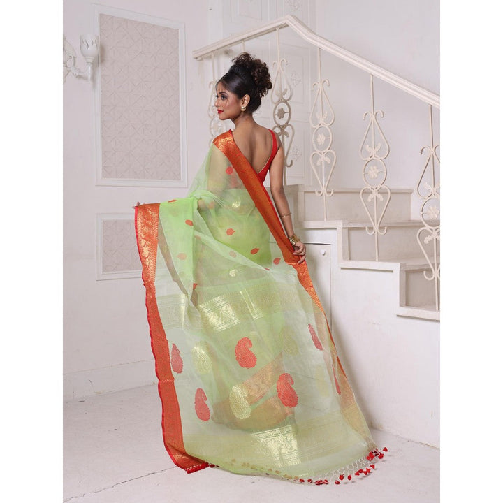 CHARUKRITI Zari Woven Nakshi Borders Light Green Muslin Saree with Unstitched Blouse