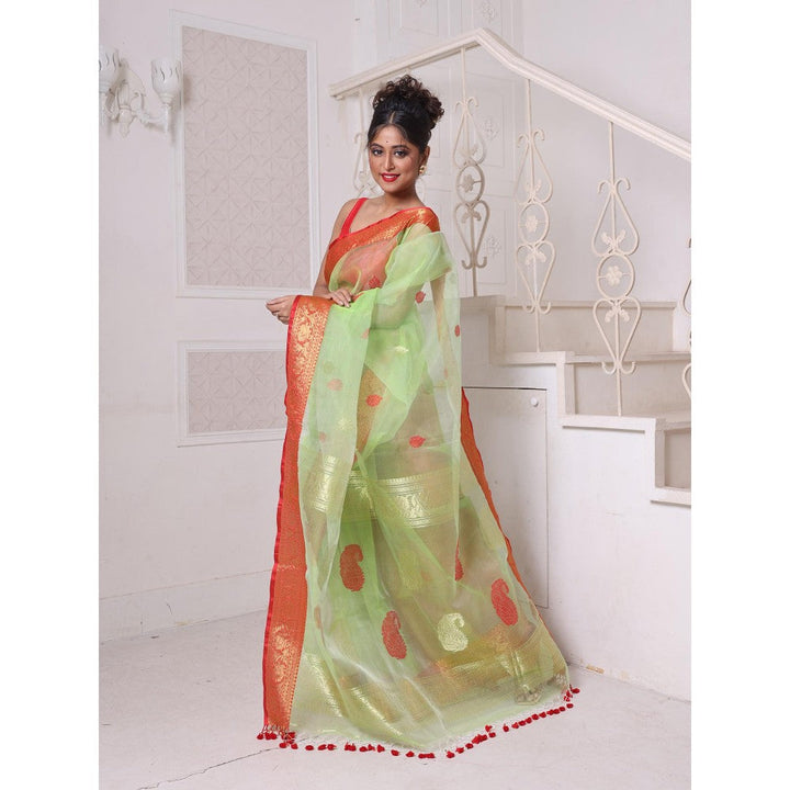 CHARUKRITI Zari Woven Nakshi Borders Light Green Muslin Saree with Unstitched Blouse