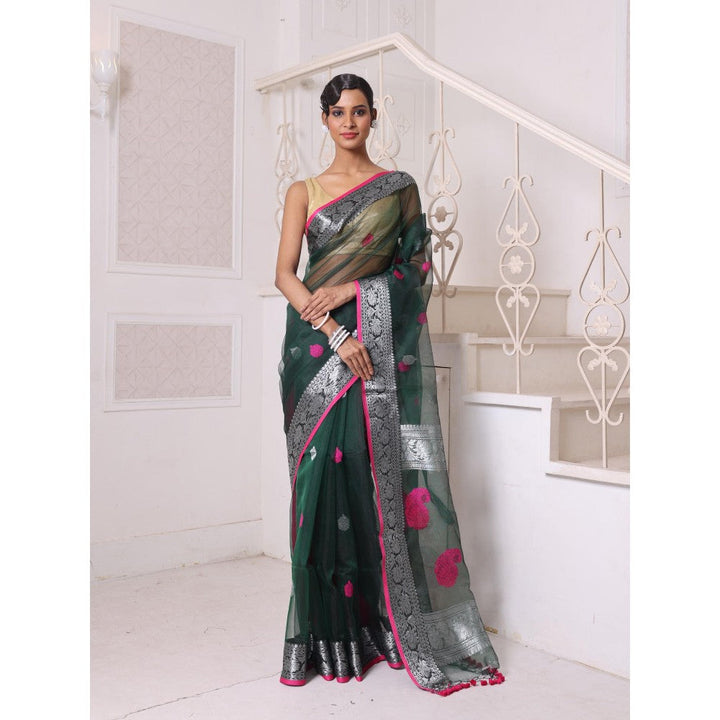 CHARUKRITI Zari Woven Nakshi Borders Emerald Green Muslin Saree with Unstitched Blouse