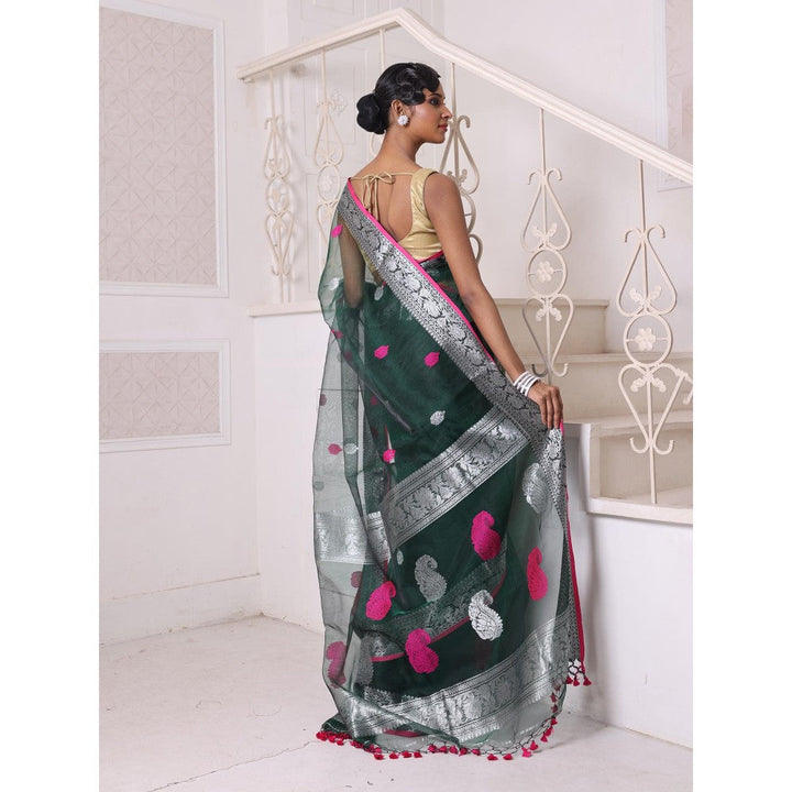 CHARUKRITI Zari Woven Nakshi Borders Emerald Green Muslin Saree with Unstitched Blouse