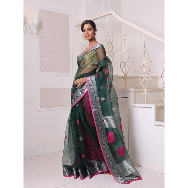 CHARUKRITI Zari Woven Nakshi Borders Emerald Green Muslin Saree with Unstitched Blouse