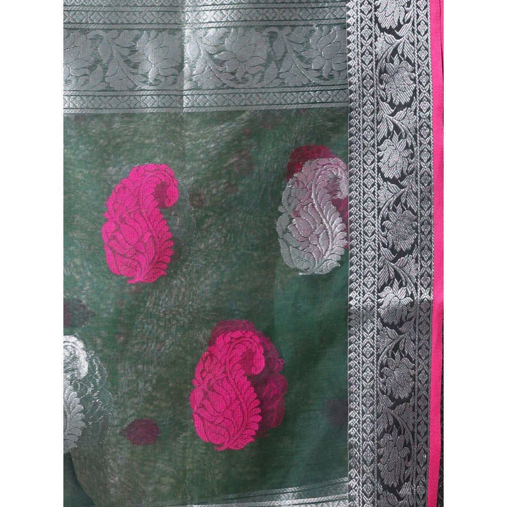 CHARUKRITI Zari Woven Nakshi Borders Emerald Green Muslin Saree with Unstitched Blouse