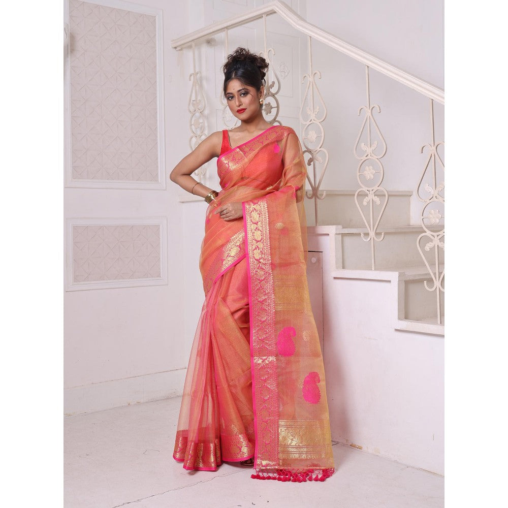 CHARUKRITI Zari Woven Nakshi Borders Orange Muslin Saree with Unstitched Blouse