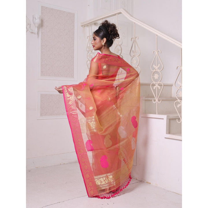 CHARUKRITI Zari Woven Nakshi Borders Orange Muslin Saree with Unstitched Blouse