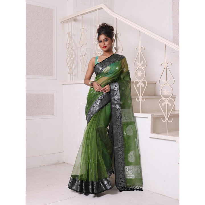 CHARUKRITI Zari Woven Nakshi Borders Green Muslin Saree with Unstitched Blouse