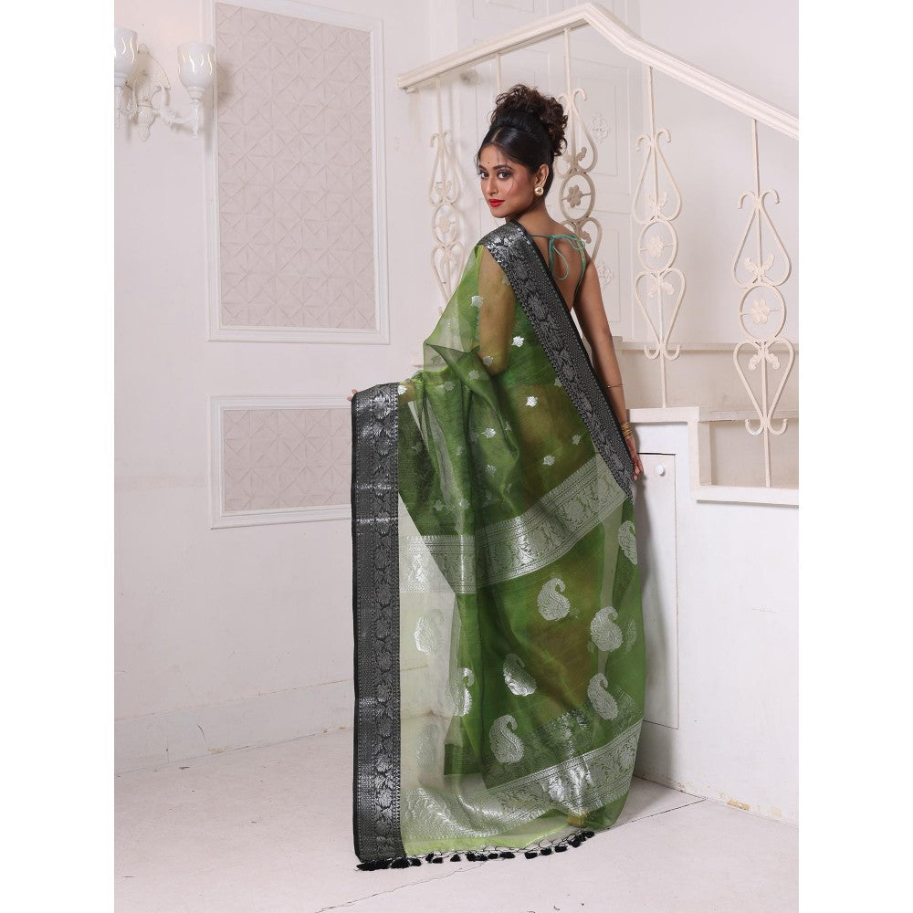 CHARUKRITI Zari Woven Nakshi Borders Green Muslin Saree with Unstitched Blouse