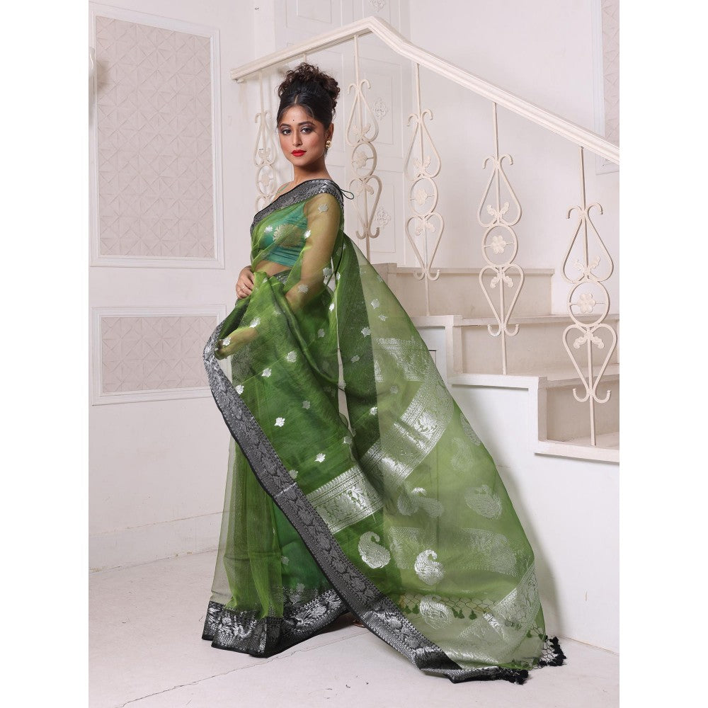 CHARUKRITI Zari Woven Nakshi Borders Green Muslin Saree with Unstitched Blouse